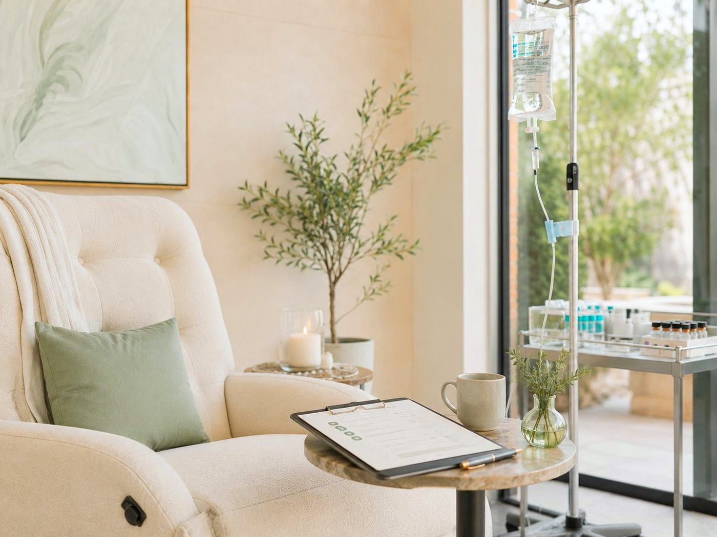 A chair set up for an infusion, with the intake form on the side table beside the drip stand