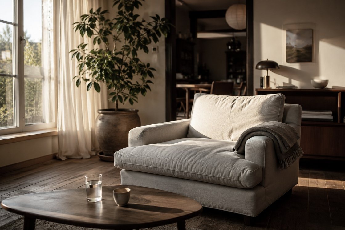 A sofa in the late afternoon with the blanket already turned back