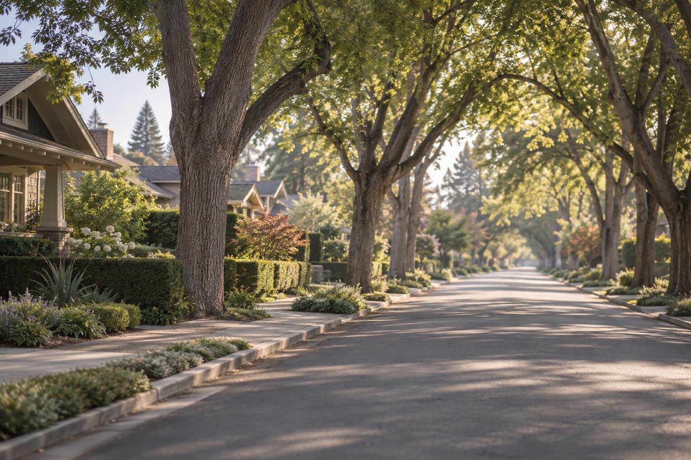 A wide residential street under mature elms in Palo Alto